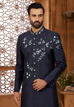 Load image into Gallery viewer, Navy Blue Silk Indo Western Sherwani
