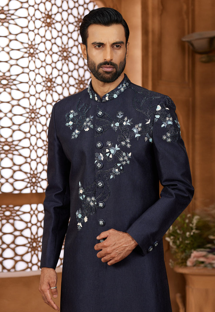 Navy Blue Silk Indo Western Sherwani