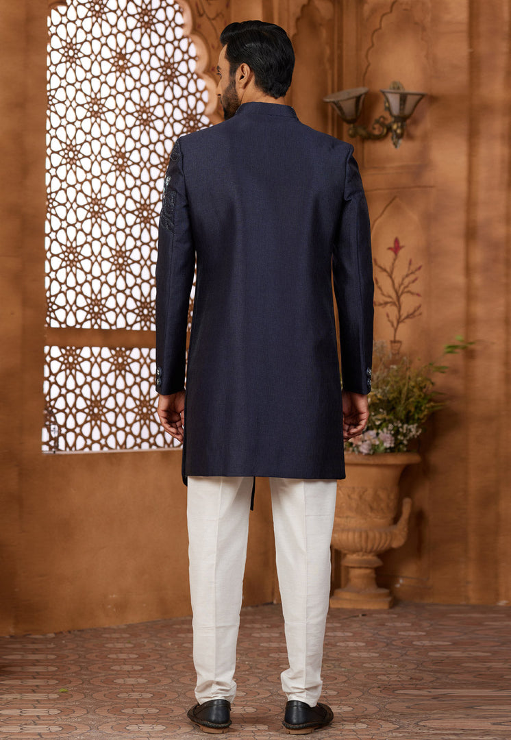 Navy Blue Silk Indo Western Sherwani