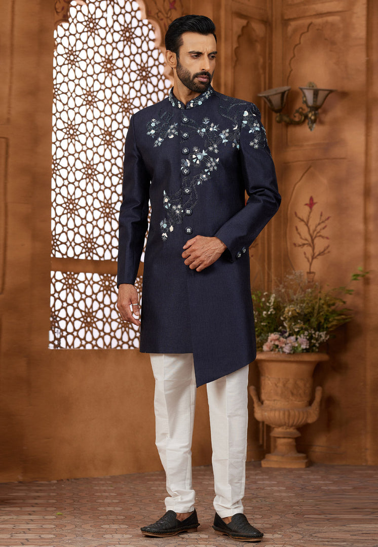 Navy Blue Silk Indo Western Sherwani