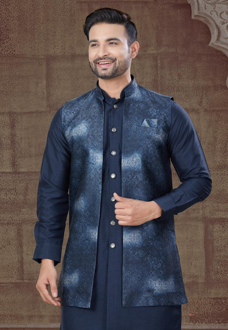Navy Blue Silk Indo Western Suit