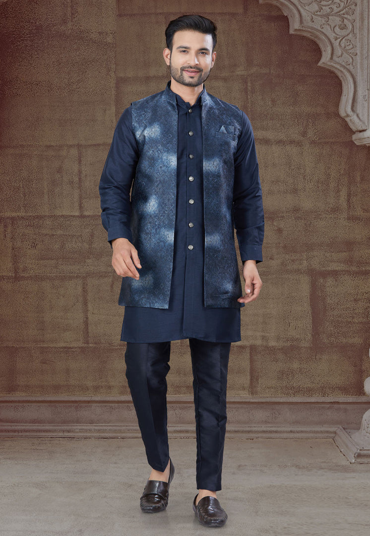Navy Blue Silk Indo Western Suit