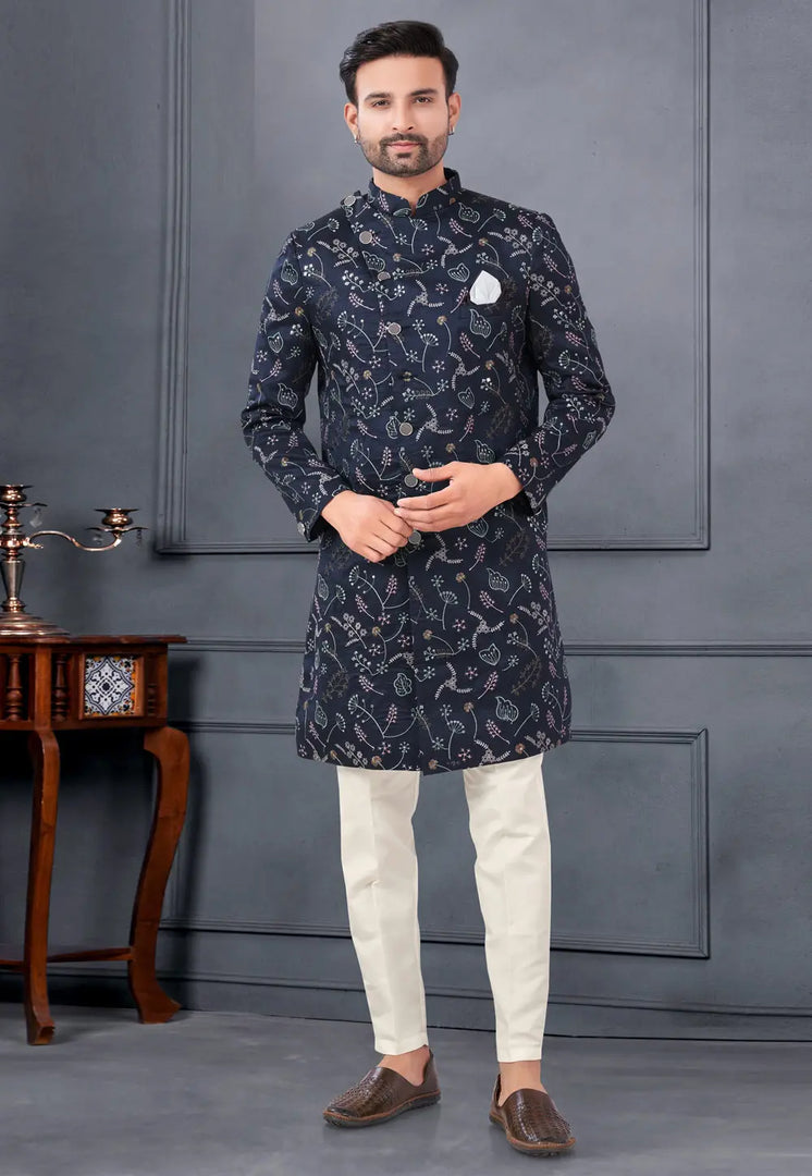Navy Blue Silk Indo Western Suit