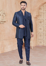 Load image into Gallery viewer, Navy Blue Silk Indo Western Suit
