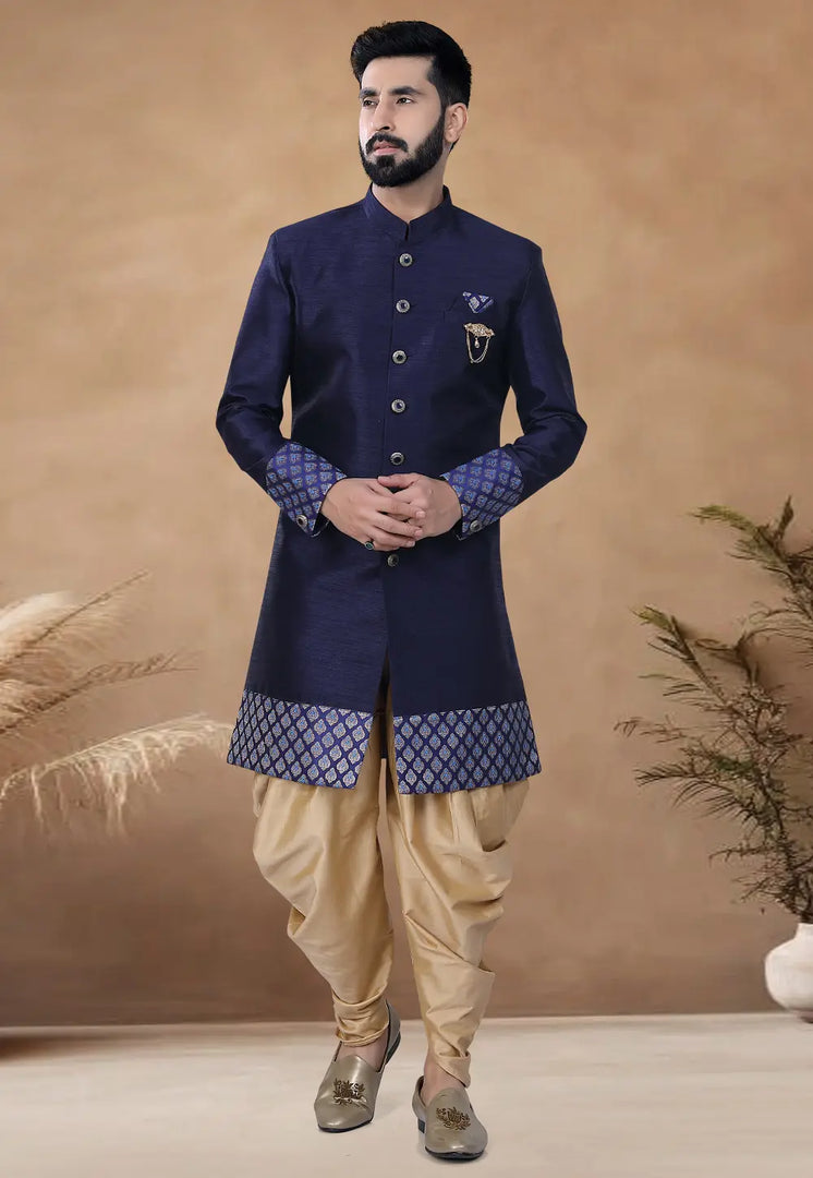Navy Blue Silk Indo Western Suit