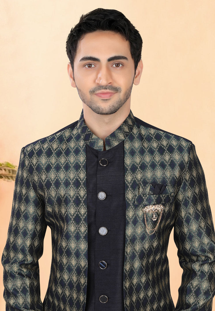 Navy Blue Silk Indo Western Suit