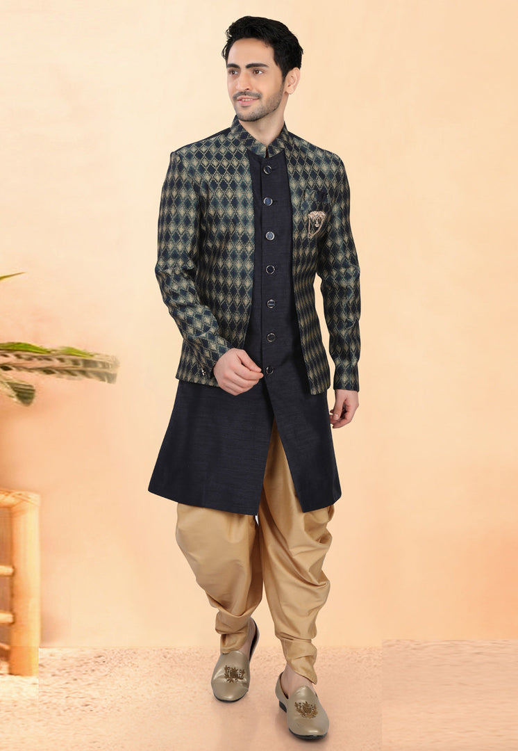 Navy Blue Silk Indo Western Suit