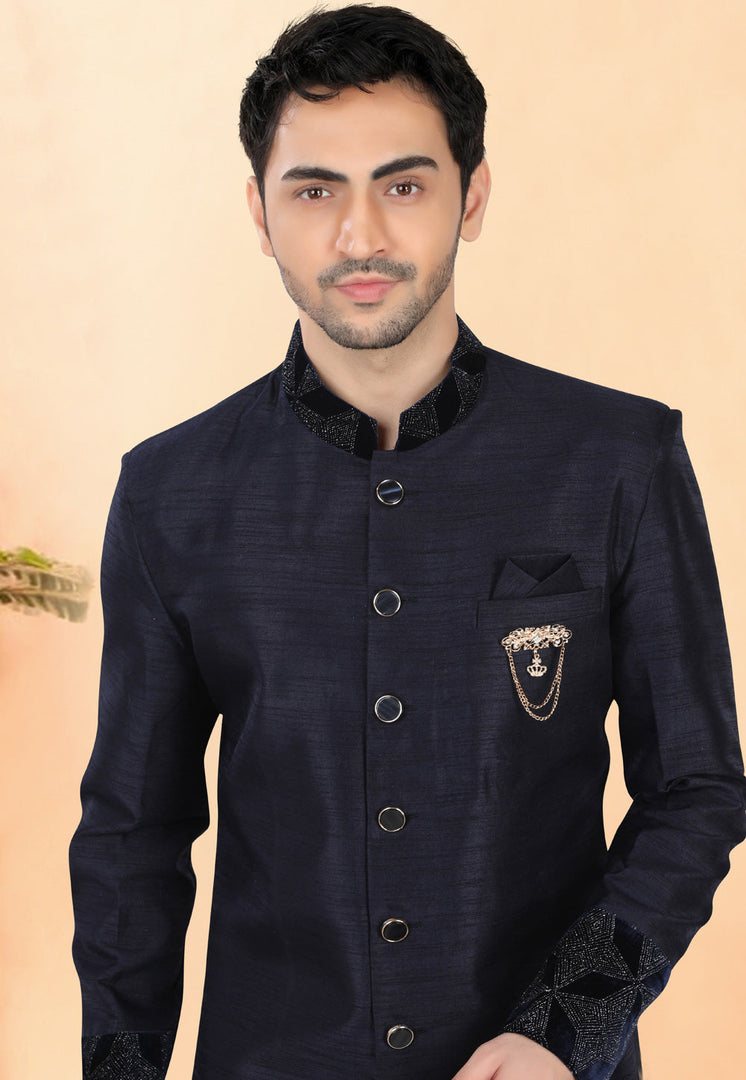 Navy Blue Silk Indo Western Suit