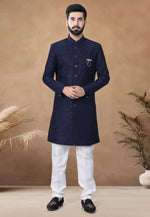 Load image into Gallery viewer, Navy Blue Silk Indo Western Suit
