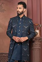 Load image into Gallery viewer, Navy Blue Silk Jacket Style Sherwani

