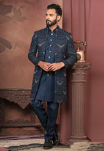 Load image into Gallery viewer, Navy Blue Silk Jacket Style Sherwani
