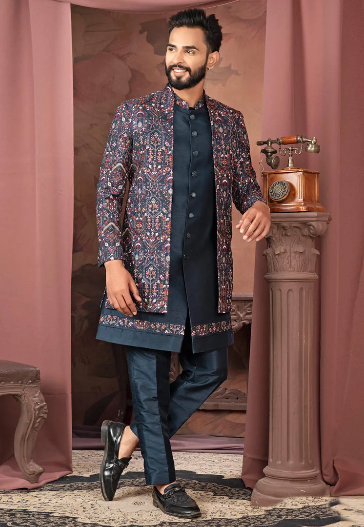 Navy Blue Silk Jacket Style Sherwani