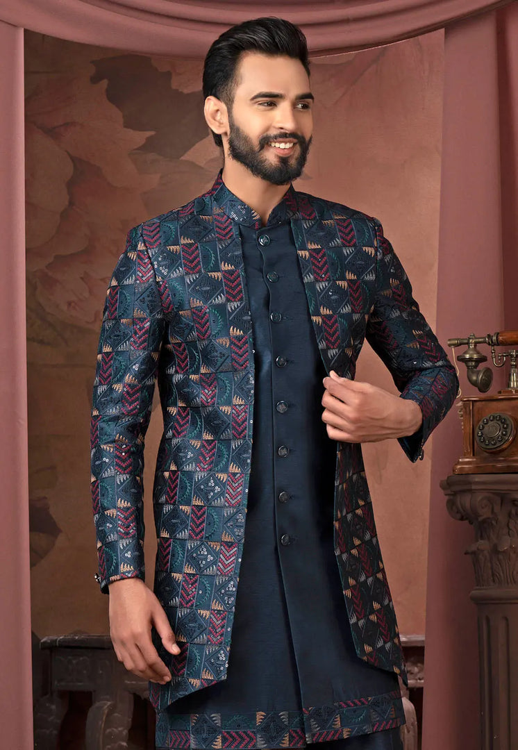 Navy Blue Silk Jacket Style Sherwani
