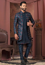 Load image into Gallery viewer, Navy Blue Silk Jacket Style Sherwani
