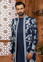 Load image into Gallery viewer, Navy Blue Silk Jacket Style Sherwani
