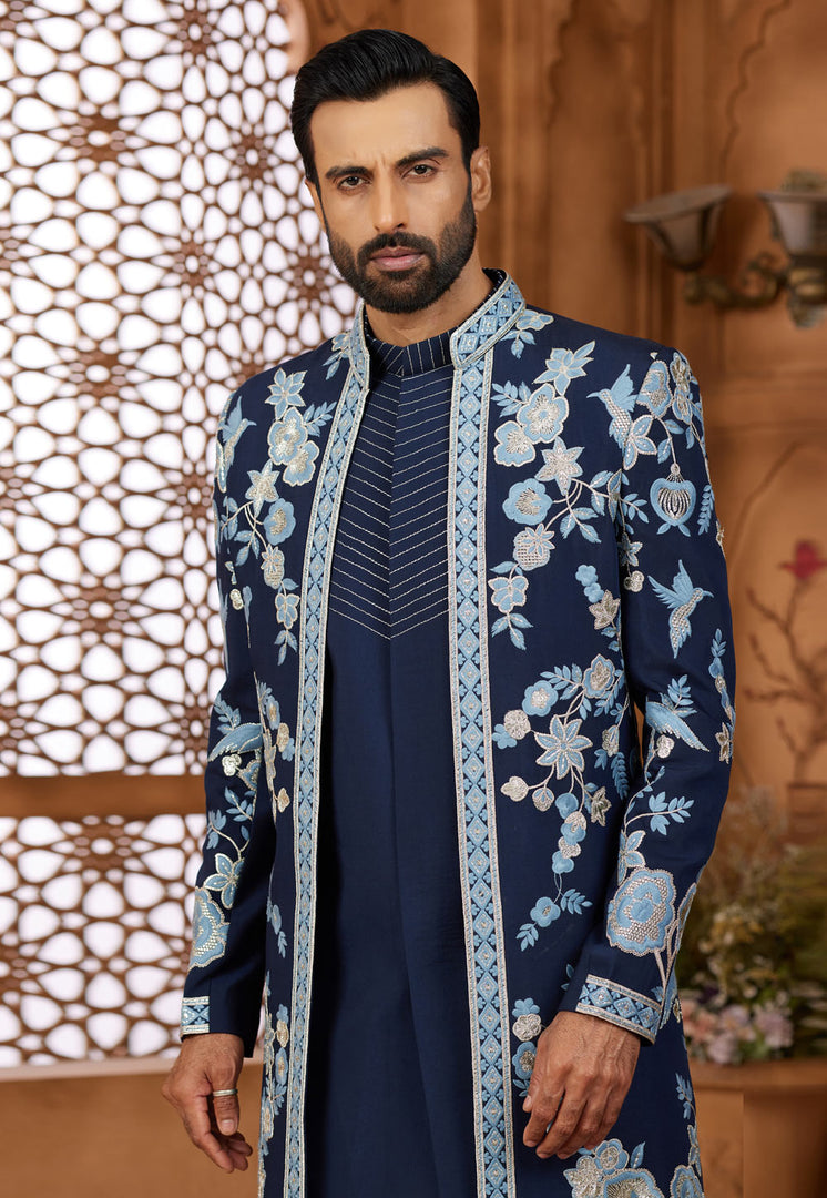Navy Blue Silk Jacket Style Sherwani