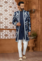Load image into Gallery viewer, Navy Blue Silk Jacket Style Sherwani

