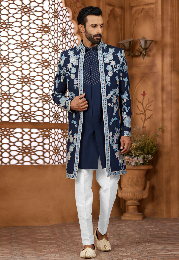 Navy Blue Silk Jacket Style Sherwani
