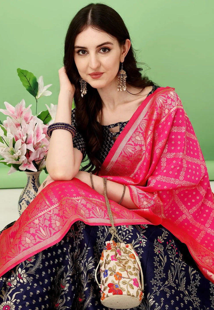 Navy Blue Silk Jacquard Circular Lehenga Choli