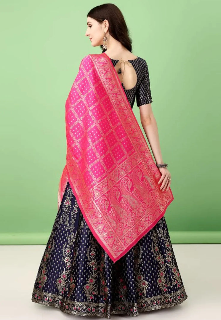 Navy Blue Silk Jacquard Circular Lehenga Choli