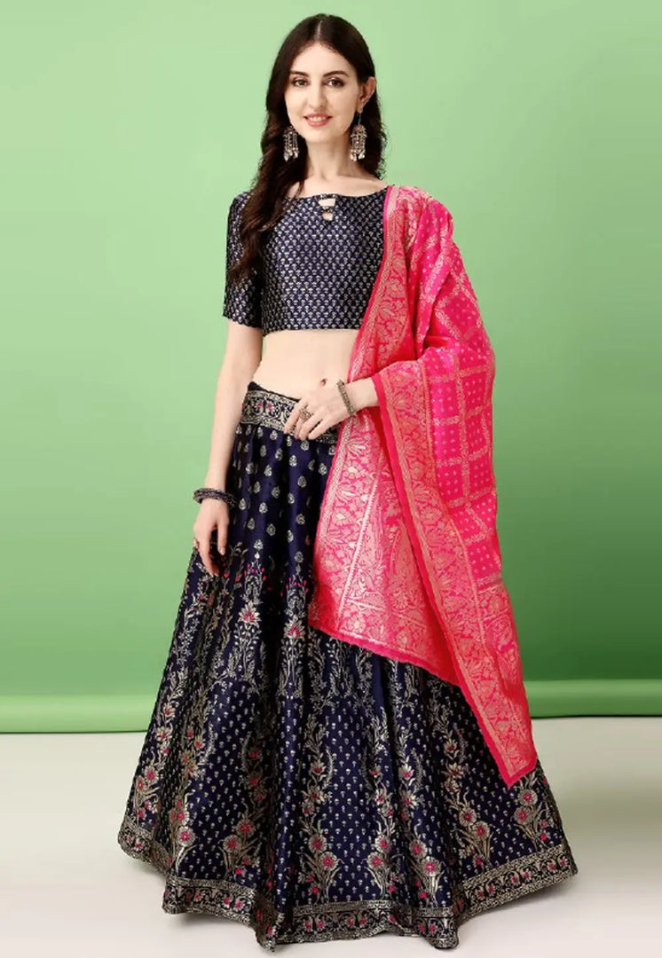 Navy Blue Silk Jacquard Circular Lehenga Choli