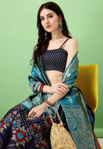 Load image into Gallery viewer, Navy Blue Silk Jacquard Lehenga Choli
