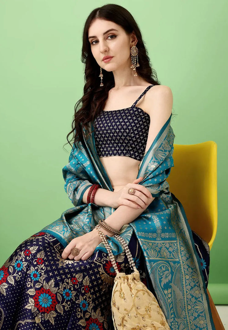 Navy Blue Silk Jacquard Lehenga Choli