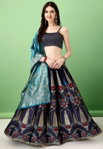 Load image into Gallery viewer, Navy Blue Silk Jacquard Lehenga Choli
