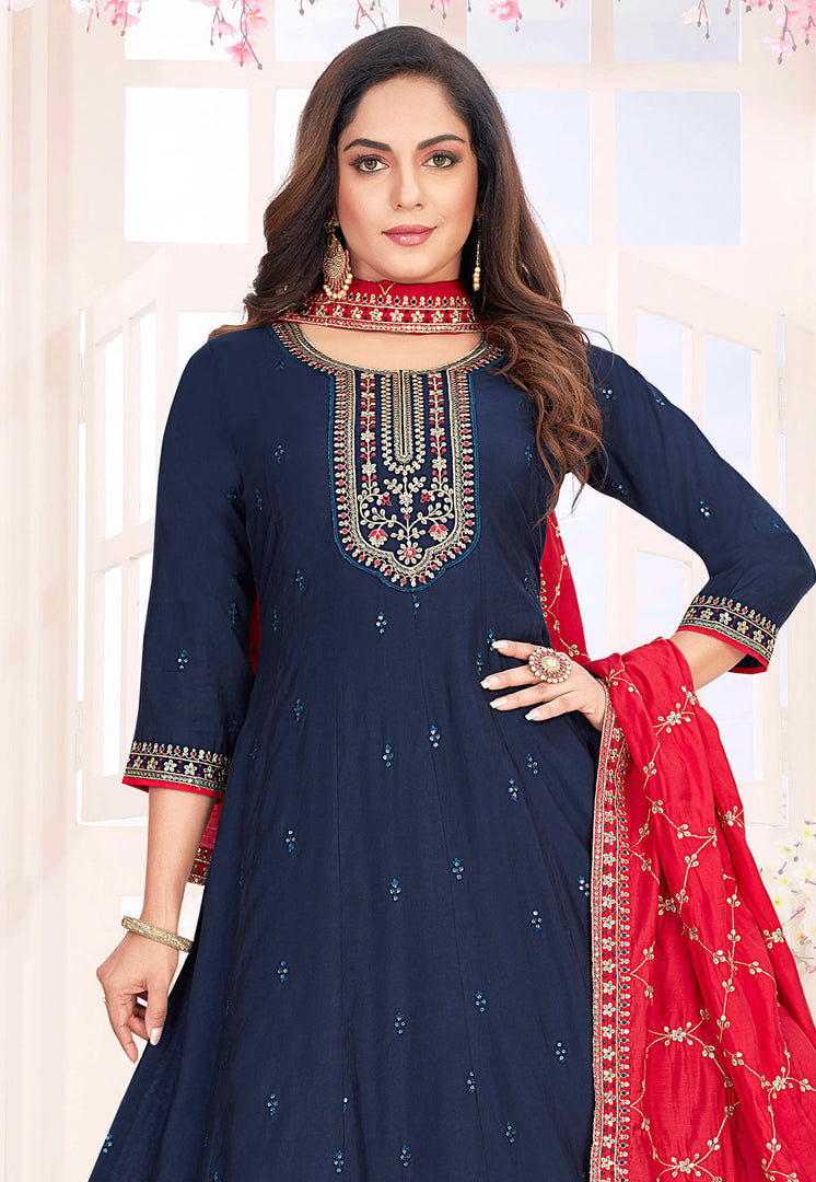Navy Blue Silk Readymade Anarkali Suit