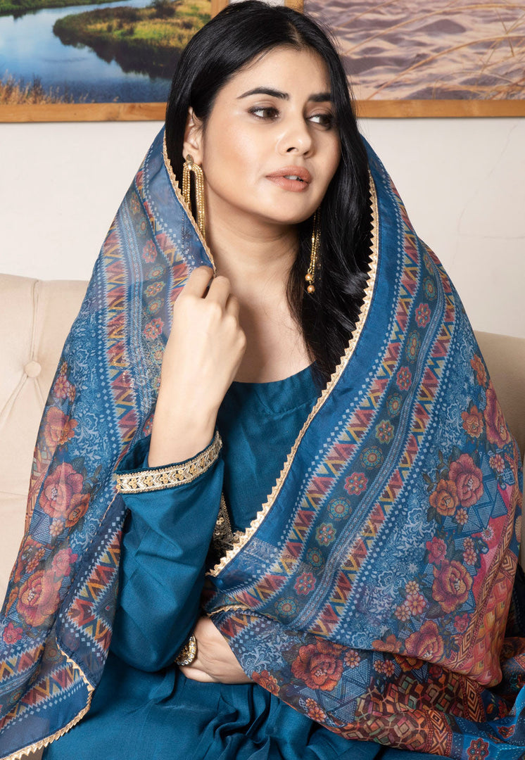 Navy Blue Silk Readymade Anarkali Suit