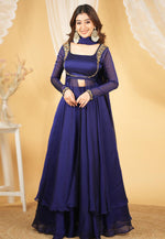 Load image into Gallery viewer, Navy Blue Silk Readymade Long Choli Lehenga
