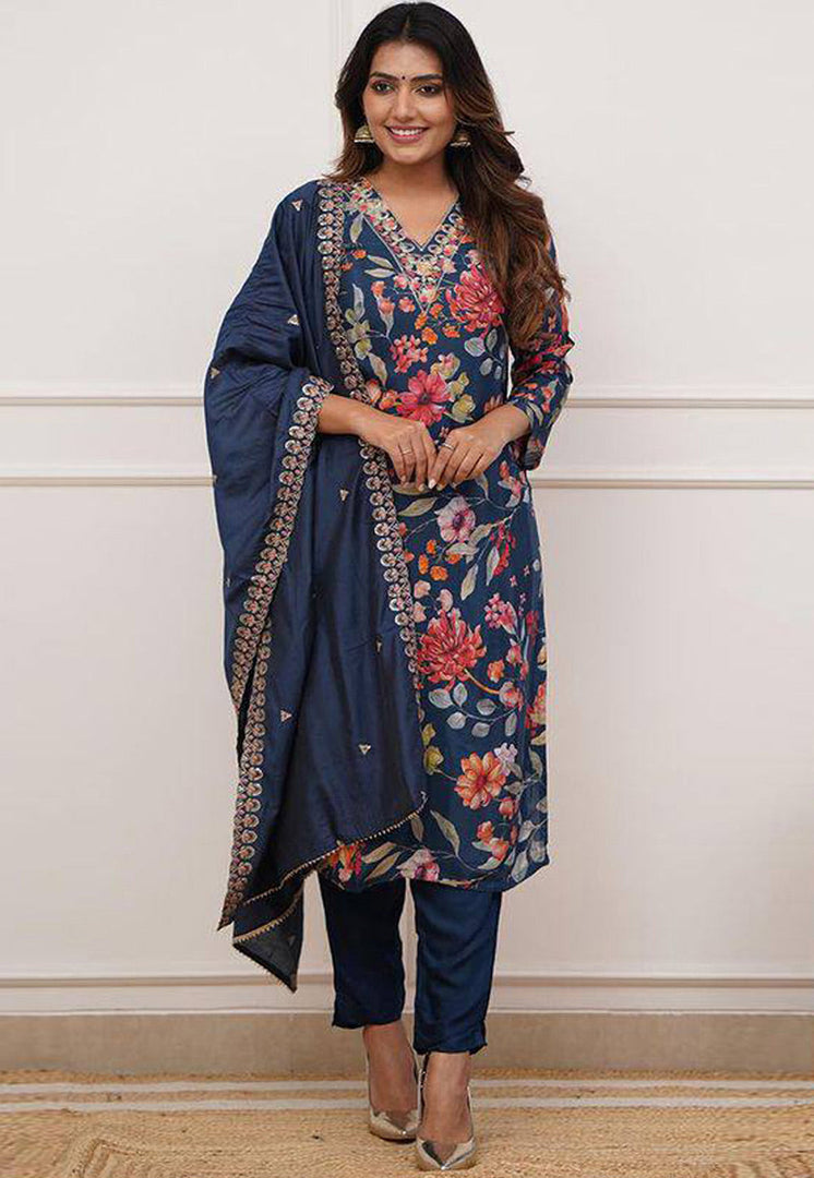 Navy Blue Silk Readymade Pakistani Suit