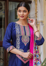 Load image into Gallery viewer, Navy Blue Silk Readymade Pant Style Suit
