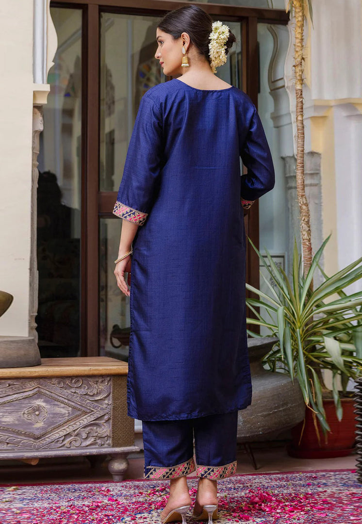 Navy Blue Silk Readymade Pant Style Suit