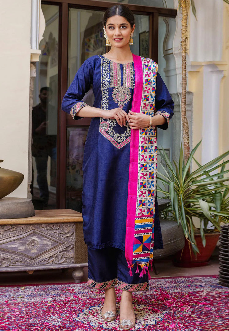 Navy Blue Silk Readymade Pant Style Suit