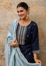 Load image into Gallery viewer, Navy Blue Silk Readymade Pant Style Suit
