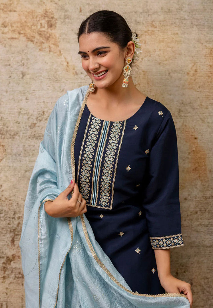Navy Blue Silk Readymade Pant Style Suit