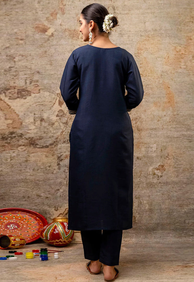 Navy Blue Silk Readymade Pant Style Suit