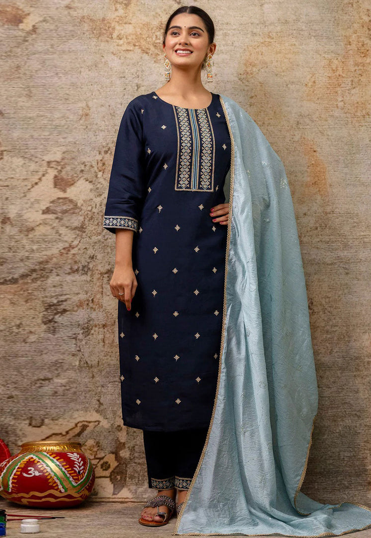 Navy Blue Silk Readymade Pant Style Suit