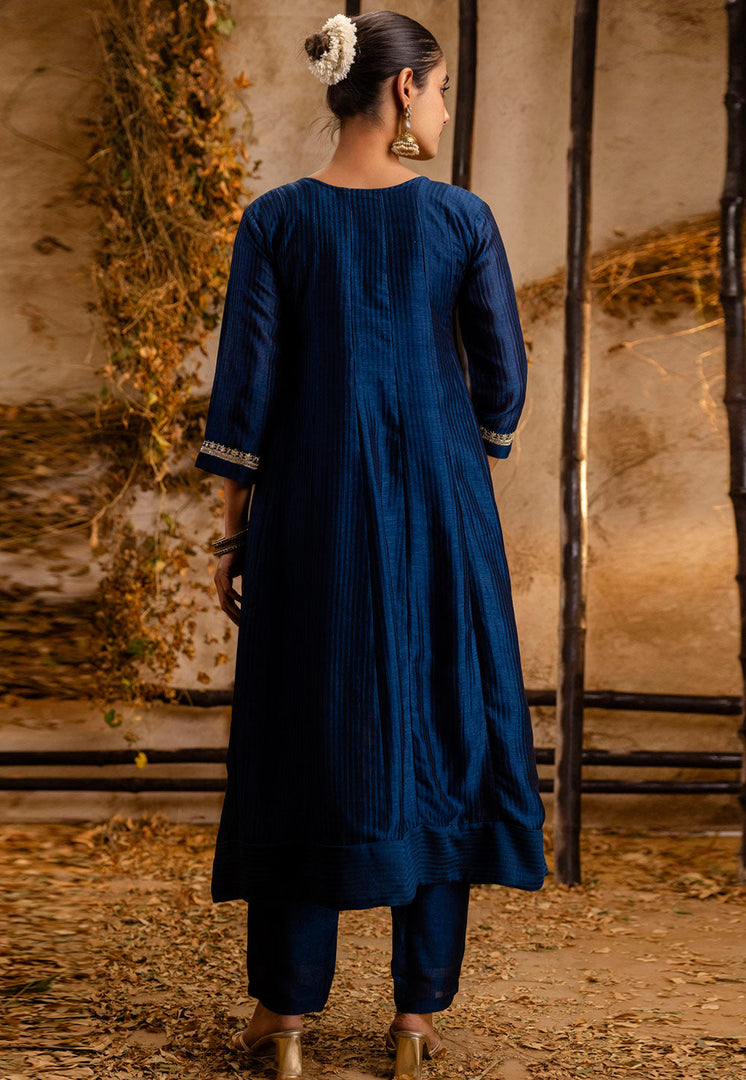 Navy Blue Silk Readymade Pant Style Suit