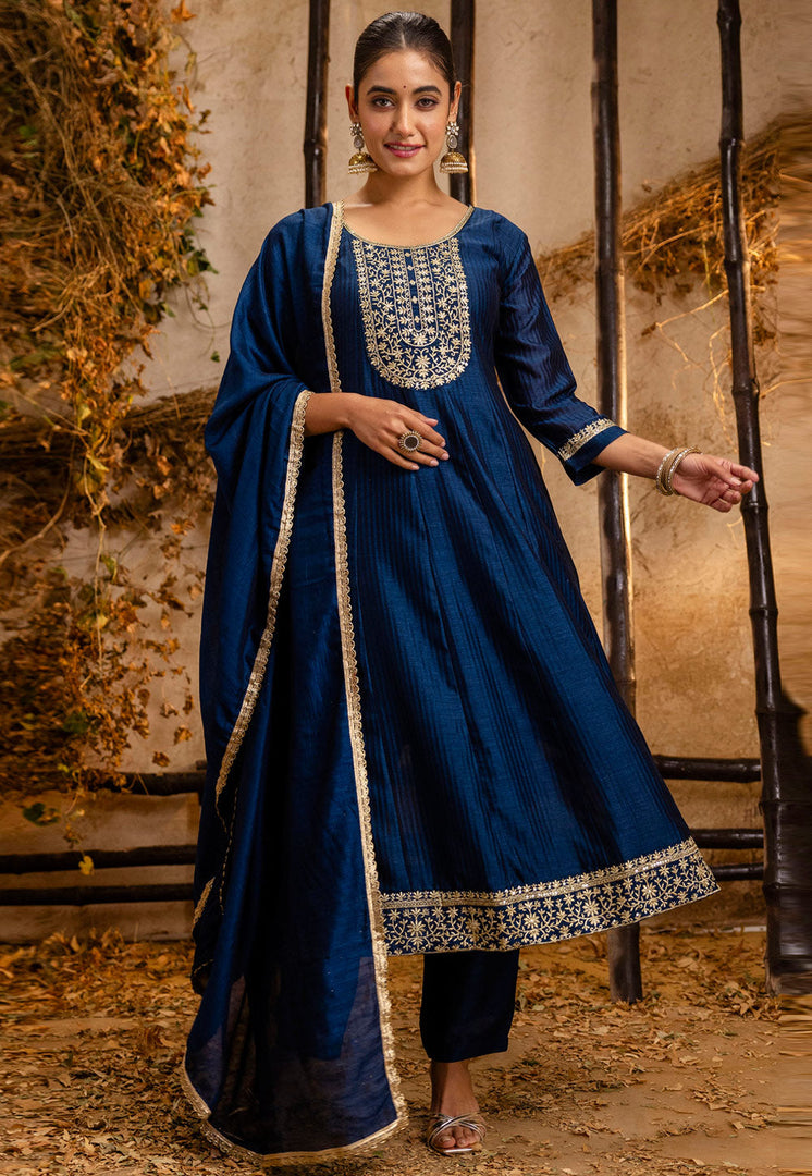 Navy Blue Silk Readymade Pant Style Suit