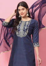 Load image into Gallery viewer, Navy Blue Silk Readymade Pant Style Suit
