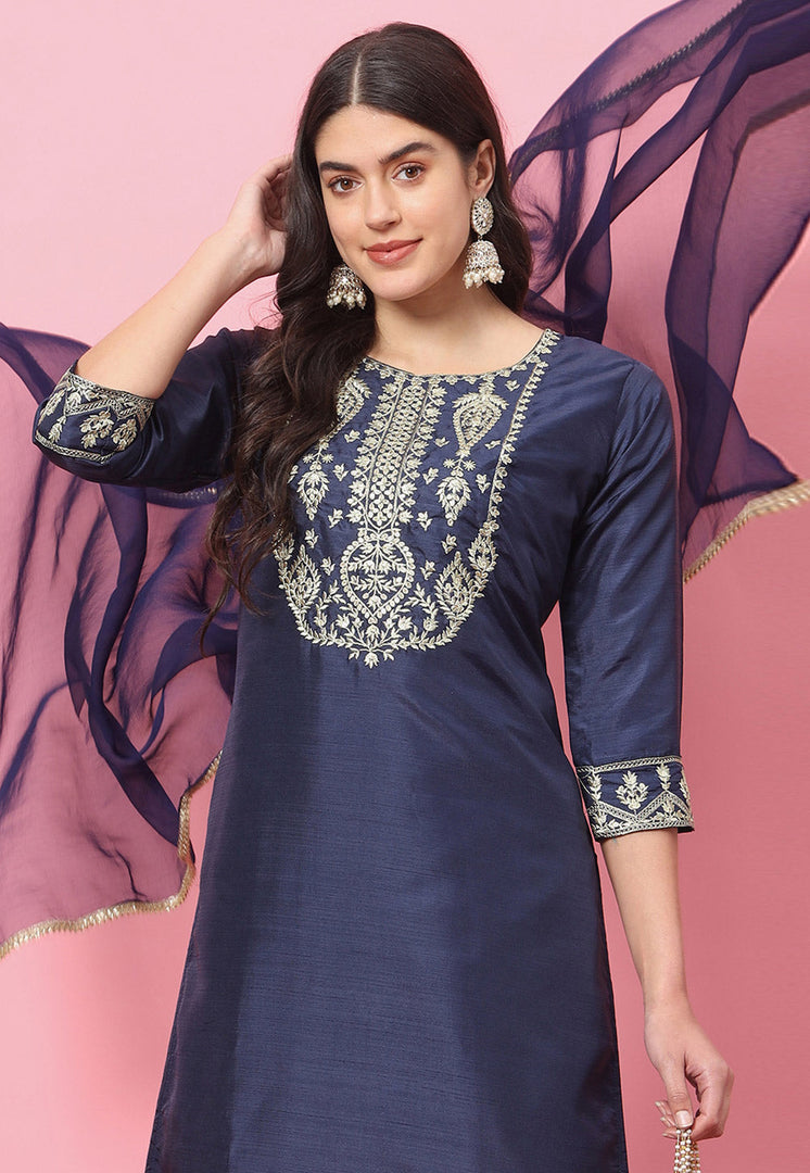 Navy Blue Silk Readymade Pant Style Suit
