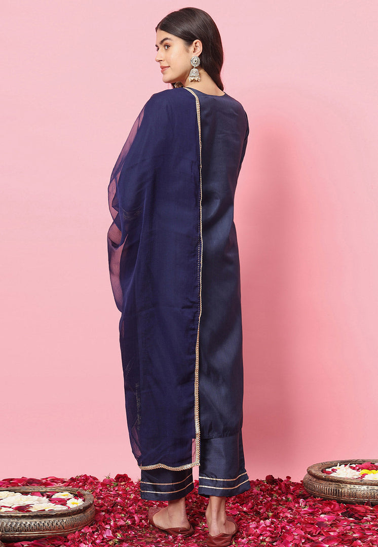 Navy Blue Silk Readymade Pant Style Suit