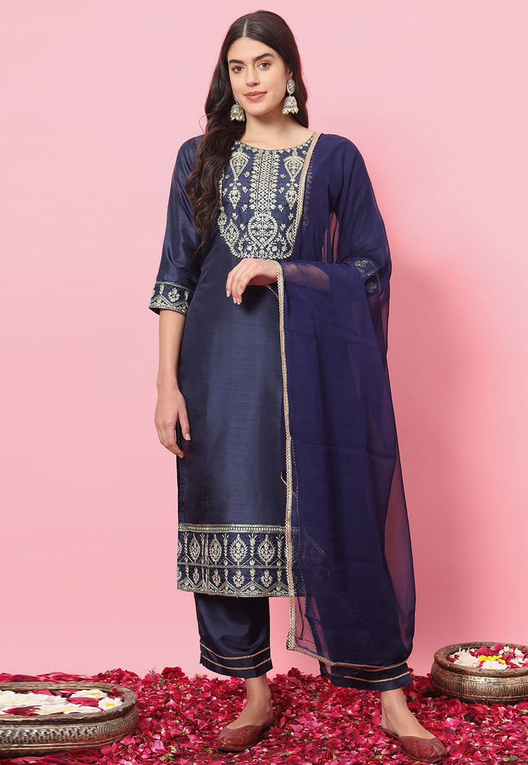 Navy Blue Silk Readymade Pant Style Suit