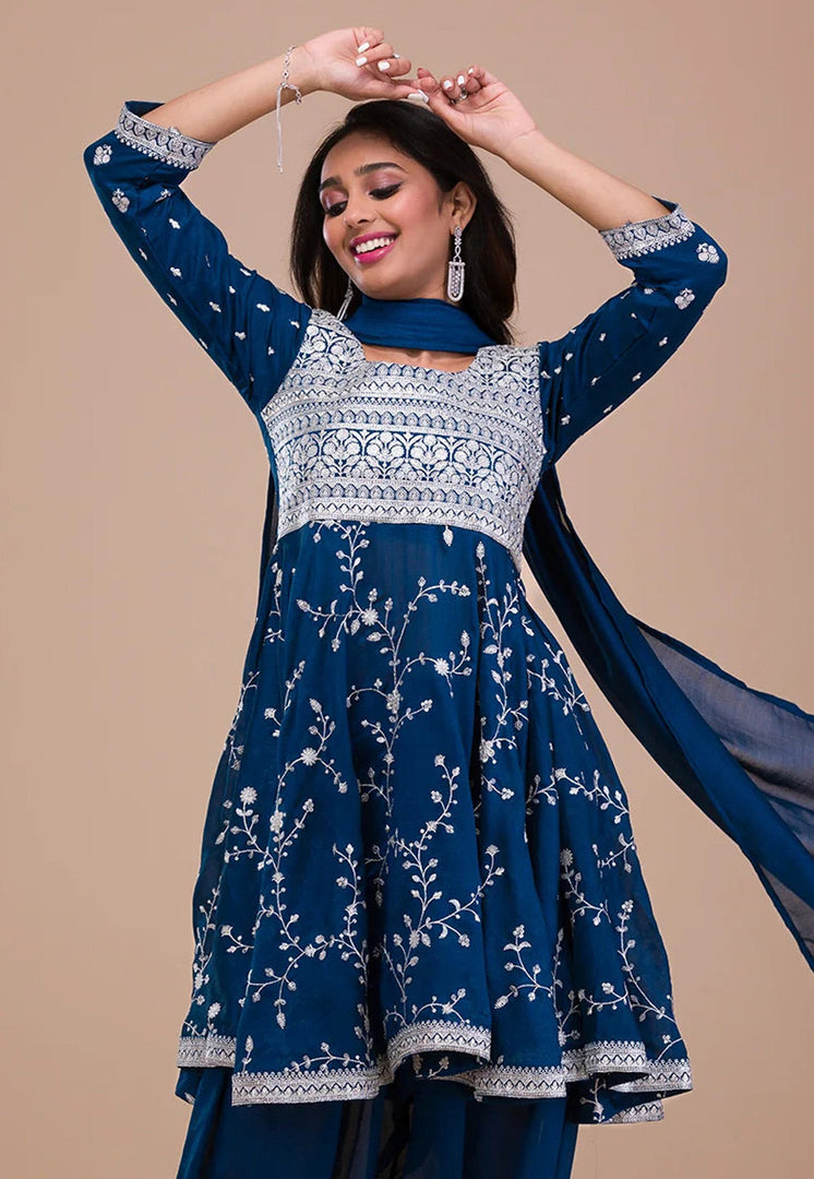 Navy Blue Silk Readymade Punjabi Suit
