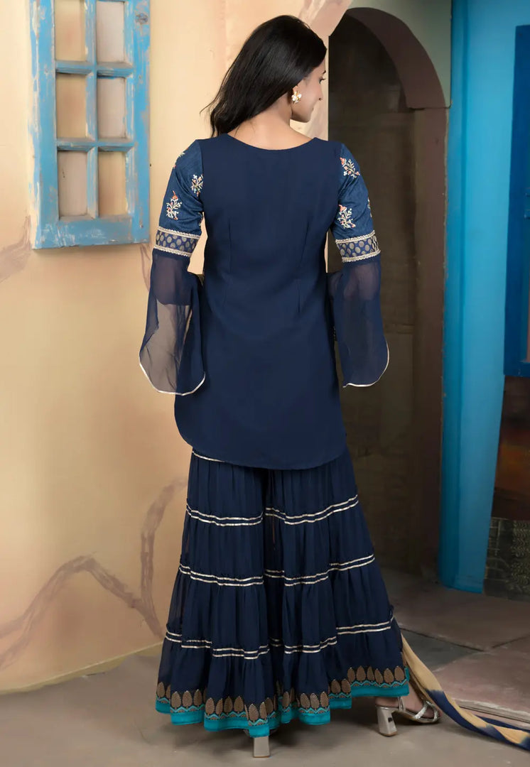 Navy Blue Silk Readymade Sharara Suit