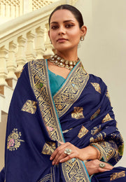 Navy Blue Silk Saree With Blouse