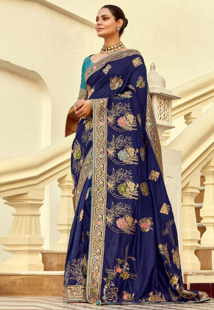 Navy Blue Silk Saree With Blouse