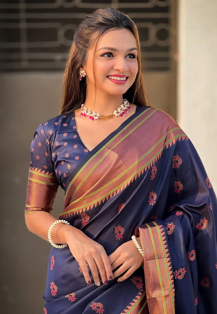Navy Blue Silk Saree With Blouse